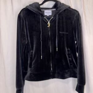 Juicy Couture Jacket Womens MD Black Hooded Full Zip Track Velvet Velour EUC
